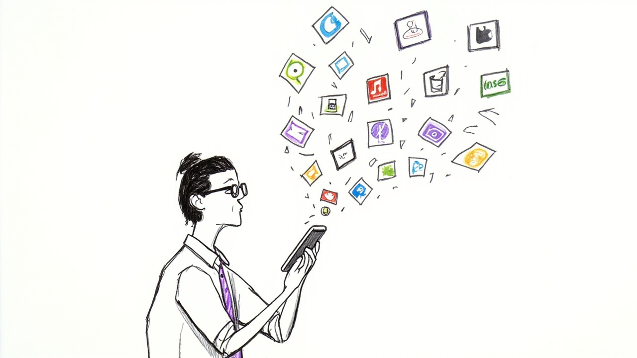 用户面对一堆 App 感到困惑，手绘插画