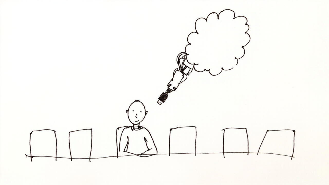 会议中人的思维被提取成 USB 设备，手绘插画