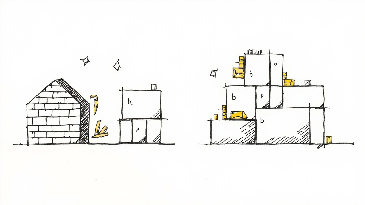传统建造 vs 预制模块化对比，手绘插画