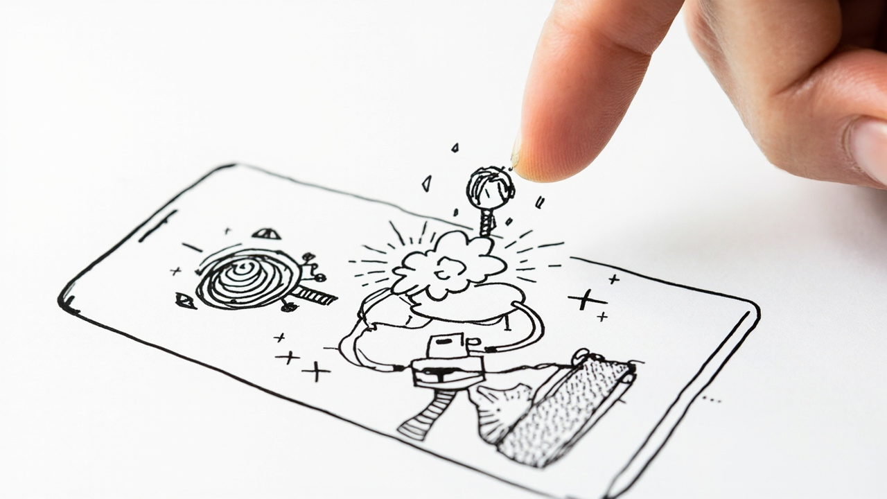 灵动岛中的 AI 入口选择示意，手绘插画