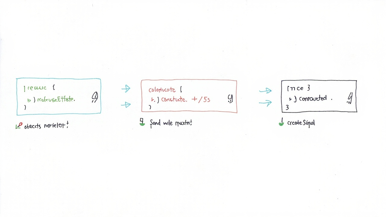 三种代码实现的对比草图：React / Vue 3 / SolidJS，手绘插画风格