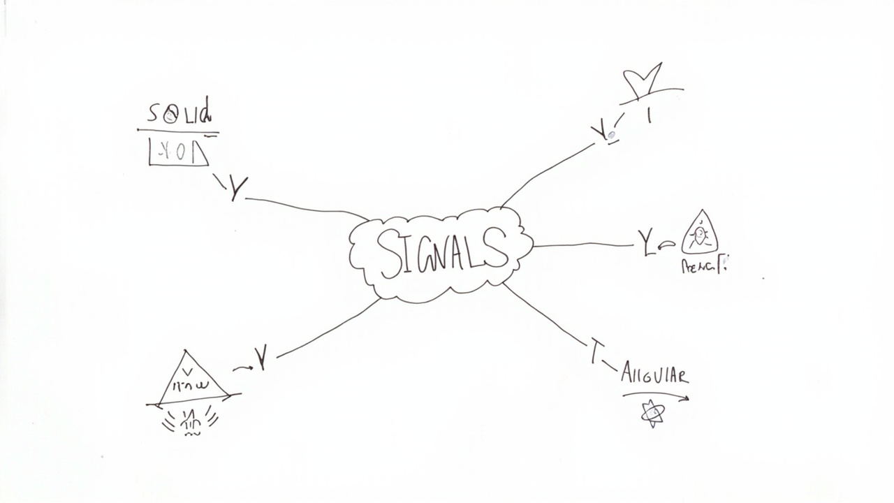 三大框架拥抱 Signals 现状图：SolidJS、Vue、Angular、React 围绕中央 SIGNALS，手绘插画风格