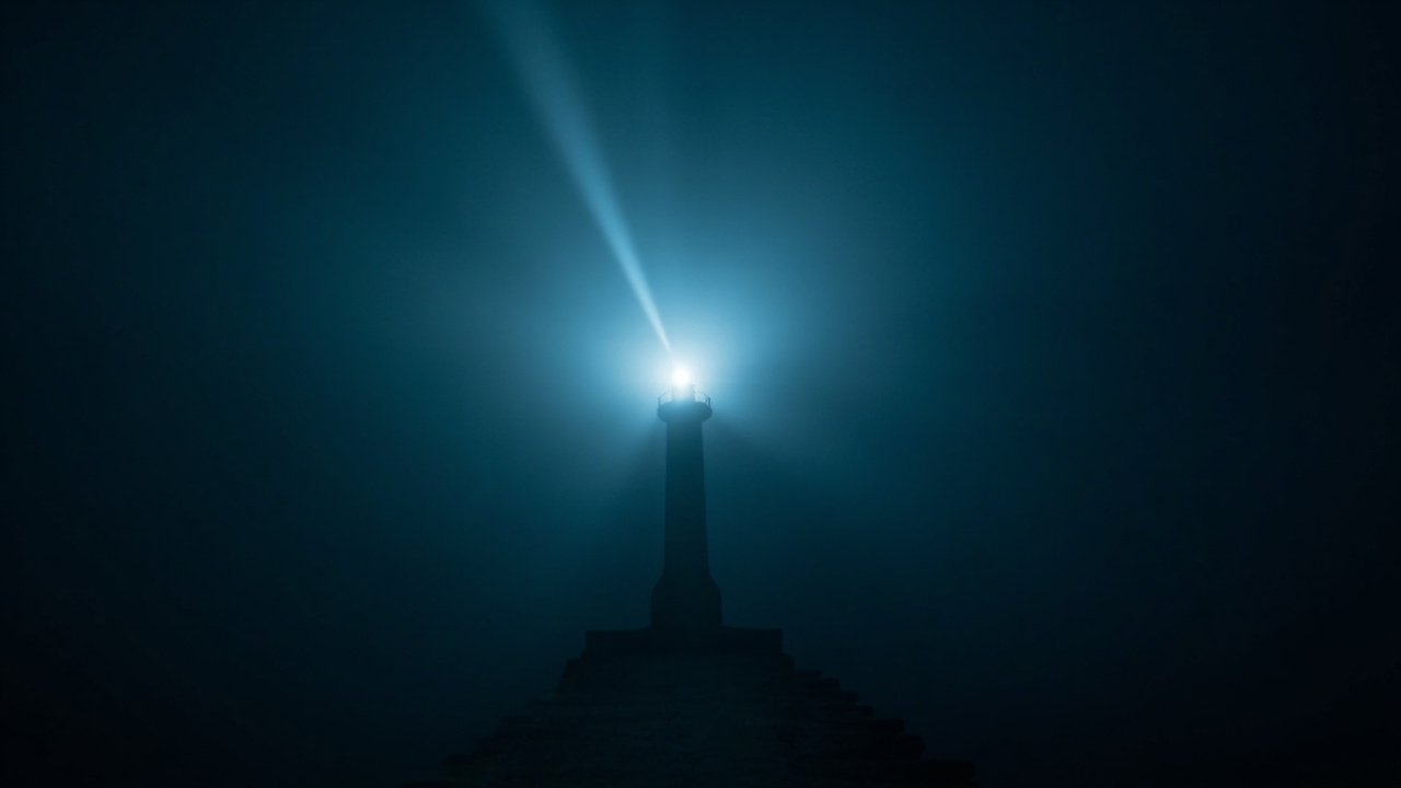 夜里一束灯塔的光穿过浓雾照在漆黑的水面上