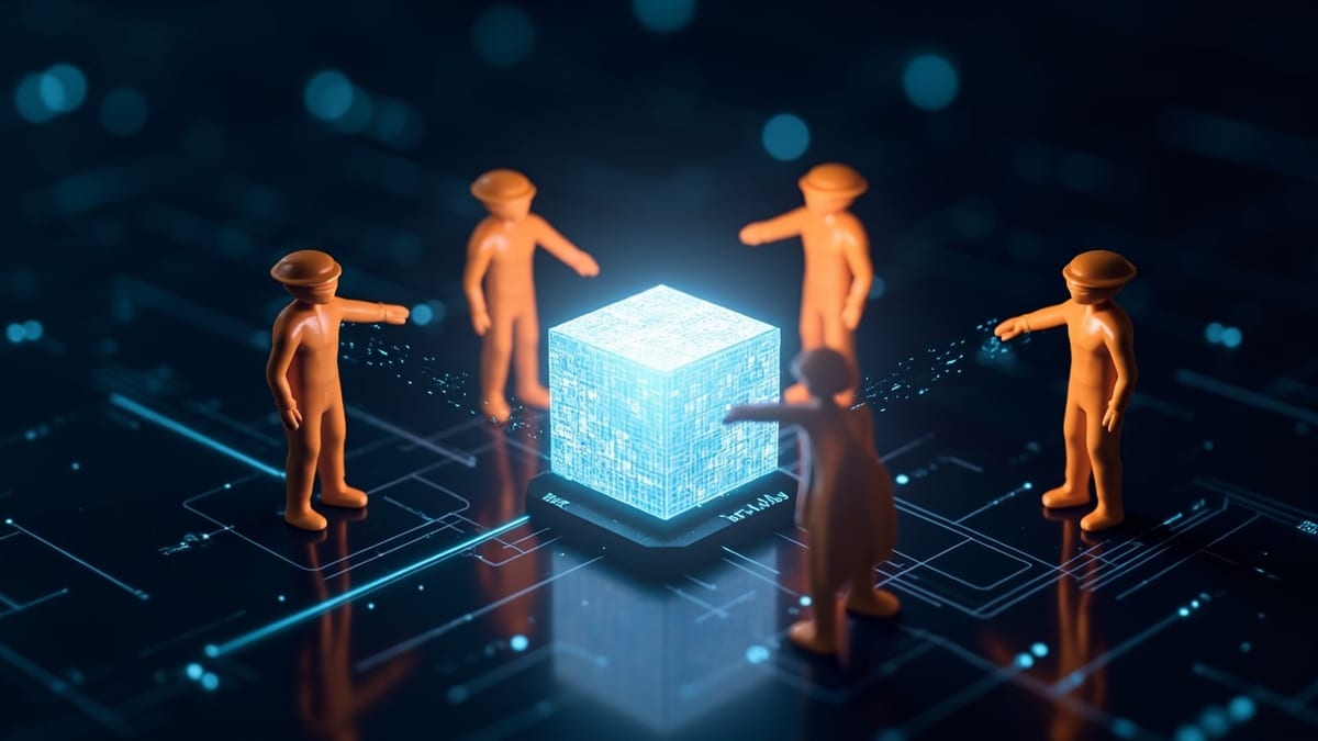 四个发光的工人把手同时伸向中央那块共享的内存方块，数据线连接在彼此之间，深色科技感背景的抽象三维插画