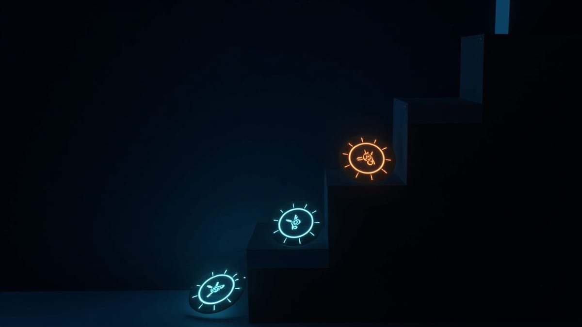 一列逐级变大的发光定时器表盘，像楼梯一样伸进黑暗里