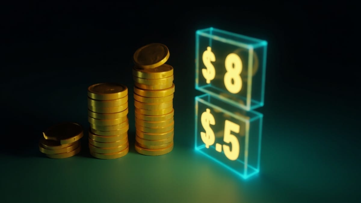 一堆金币旁的数字屏显示两个略有差异的金额，一枚硬币正掉出边缘