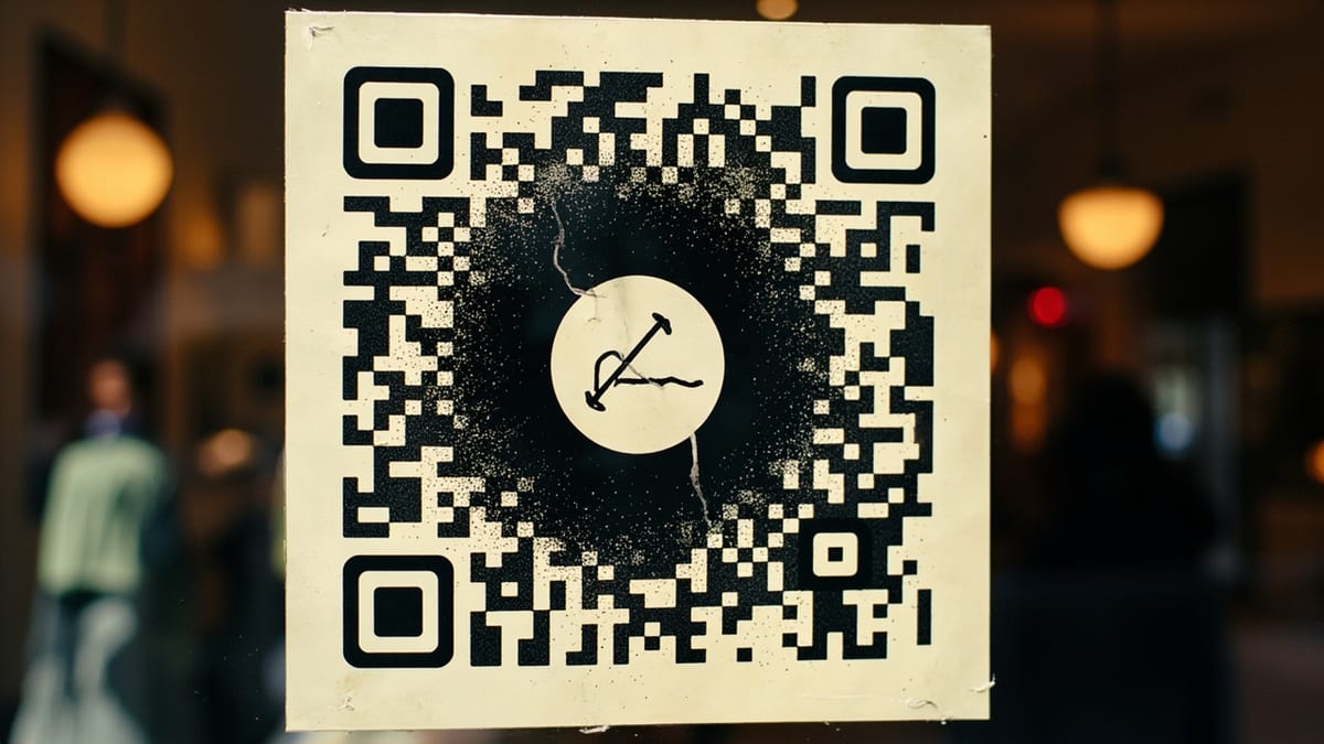 店铺玻璃门上贴着一张二维码，正中间盖着一个圆形 logo