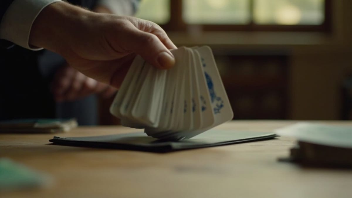 特写:一只手在做 overhand shuffle,一叠一叠地把牌搬到另一只手上