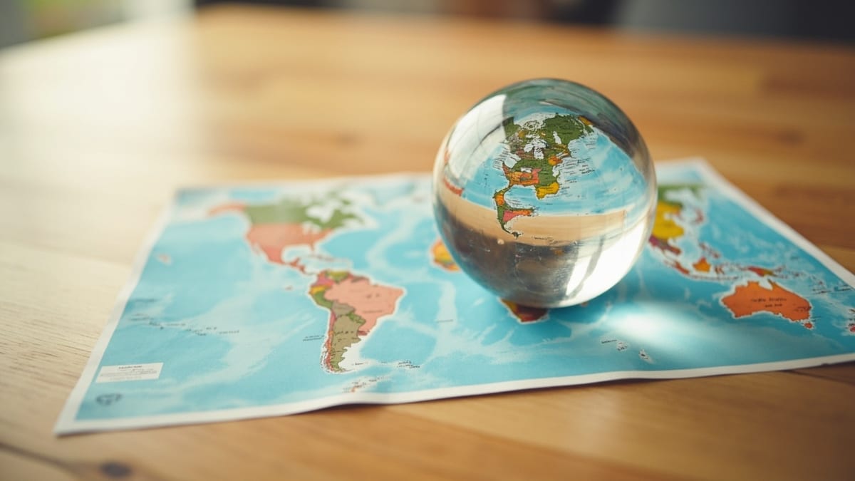 地球仪和平面地图并排放着：球面上没有一条纬线是被拉长的