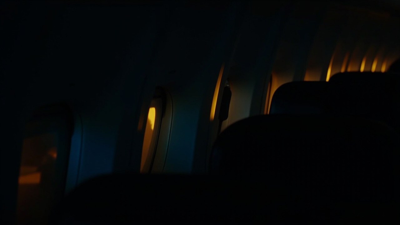 夜航客舱，舷窗映着舱内的暖光